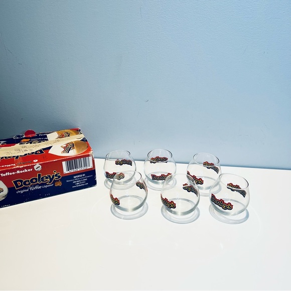 Vintage 6 DOOLEY'S TOFFEE Rockers Liqueur Glasses w/ Box Swirling Round Bottom - Picture 6 of 9